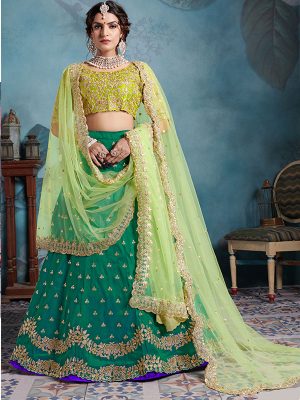 Green Heavy Embroidered Art Silk Wedding Semi Stitched Lehenga