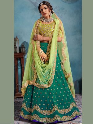 Green Heavy Embroidered Art Silk Wedding Semi Stitched Lehenga