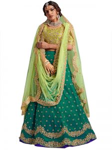 Green Heavy Embroidered Art Silk Wedding Semi Stitched Lehenga