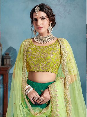 Green Heavy Embroidered Art Silk Wedding Semi Stitched Lehenga