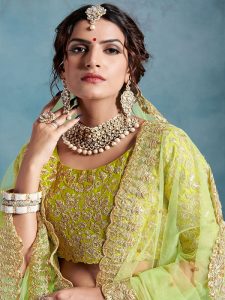 Green Heavy Embroidered Art Silk Wedding Semi Stitched Lehenga