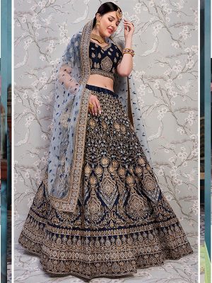 Navy Blue Heavy Embroidered With Diamond Work Satin Wedding Semi Stitched Lehenga