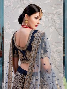 Navy Blue Heavy Embroidered With Diamond Work Satin Wedding Semi Stitched Lehenga