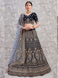 Navy Blue Heavy Embroidered With Diamond Work Satin Wedding Semi Stitched Lehenga