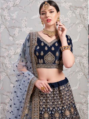 Navy Blue Heavy Embroidered With Diamond Work Satin Wedding Semi Stitched Lehenga