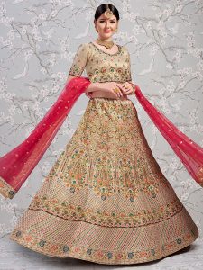 Silky Tan Beige Heavy Embroidered With Diamond Work Gota Silk Wedding Semi Stitched Lehenga