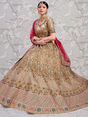 Silky Tan Beige Heavy Embroidered With Diamond Work Gota Silk Wedding Semi Stitched Lehenga