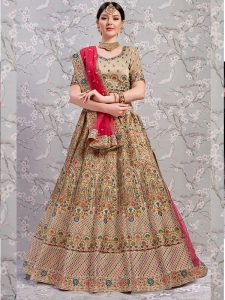 Silky Tan Beige Heavy Embroidered With Diamond Work Gota Silk Wedding Semi Stitched Lehenga