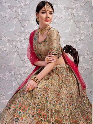 Silky Tan Beige Heavy Embroidered With Diamond Work Gota Silk Wedding Semi Stitched Lehenga