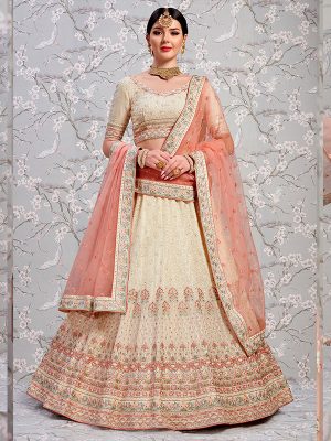 Off White Heavy Embroidered With Diamond Work Georgette Wedding Semi Stitched Lehenga
