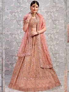 Rose Taupe Heavy Embroidered With Diamond Work Georgette Wedding Semi Stitched Lehenga