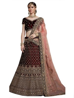 Maroon Embroidered With Diamond Work Pure Velvet Wedding Semi Stitched Lehenga