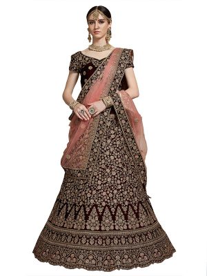 Maroon Embroidered With Diamond Work Pure Velvet Wedding Semi Stitched Lehenga