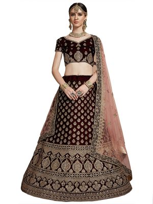 Maroon Embroidered With Diamond Work Pure Velvet Wedding Semi Stitched Lehenga