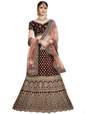 Maroon Embroidered With Diamond Work Pure Velvet Wedding Semi Stitched Lehenga