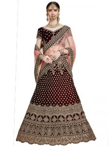 Maroon Embroidered With Diamond Work Pure Velvet Wedding Semi Stitched Lehenga