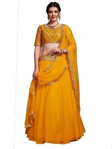 Mustard Embroidered Soft Net Festive Semi Stitched Lehenga