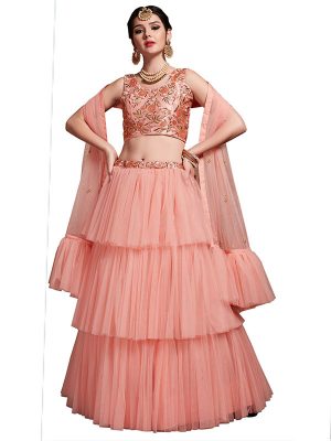 Peach Embroidered Soft Net Festive Semi Stitched Lehenga