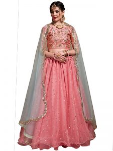 Pink Embroidered Soft Net Festive Semi Stitched Lehenga