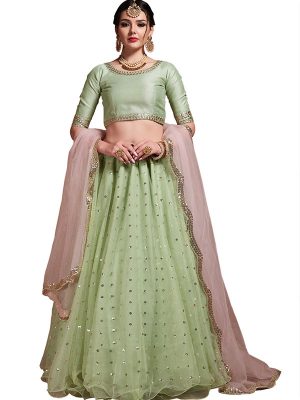 Pista Green Embroidered Soft Net Festive Semi Stitched Lehenga