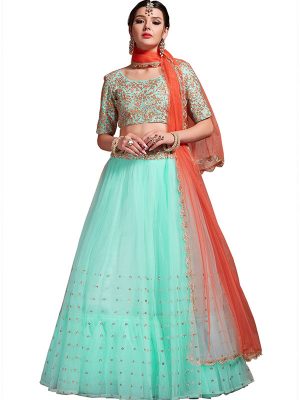 Blue Embroidered Soft Net Festive Semi Stitched Lehenga