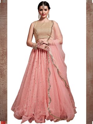 Baby Pink Embroidered Soft Net Festive Semi Stitched Lehenga