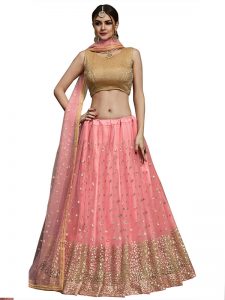 Baby Pink Embroidered Soft Net Festive Semi Stitched Lehenga