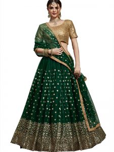 Dark Green Embroidered Soft Net Festive Semi Stitched Lehenga