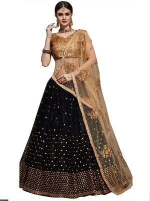 Black Embroidered Soft Net Festive Semi Stitched Lehenga