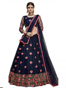 Navy Blue Embroidered Soft Net Festive Semi Stitched Lehenga