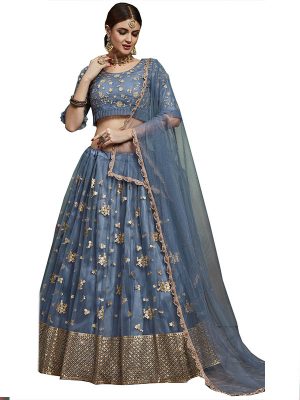 Grey Embroidered Soft Net Festive Semi Stitched Lehenga