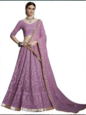 Lavender Embroidered Georgette Festive Semi Stitched Lehenga