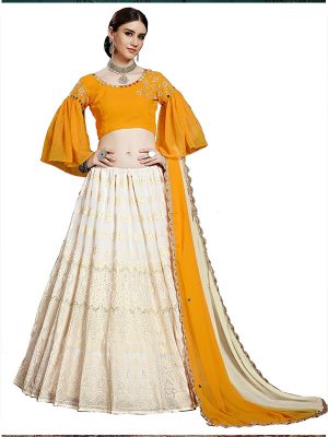 White Embroidered Georgette Festive Semi Stitched Lehenga