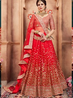 Red Embroidered Soft Net Festive Semi Stitched Lehenga