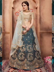 Rama Green Embroidered Art Silk Festive Semi Stitched Lehenga