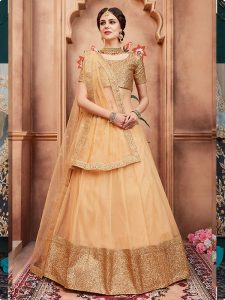 Beige Embroidered Soft Net Festive Semi Stitched Lehenga