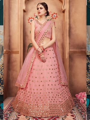 Peach Embroidered Georgette Festive Semi Stitched Lehenga