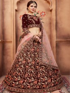 Maroon Embroidered Pure Velvet Festive Semi Stitched Lehenga