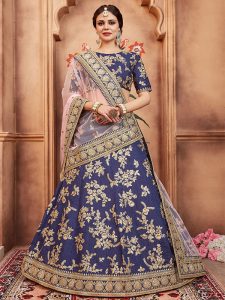 Navy Blue Embroidered Art Silk Festive Semi Stitched Lehenga