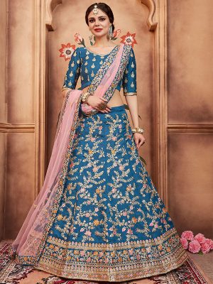 Blue Embroidered Art Silk Festive Semi Stitched Lehenga