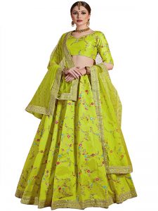 Neon Green Embroidered Art Silk Festive Semi Stitched Lehenga