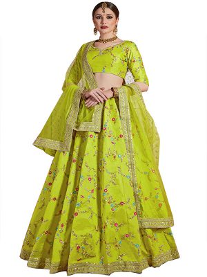 Neon Green Embroidered Art Silk Festive Semi Stitched Lehenga