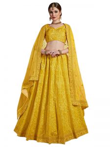 Yellow Thread Work Art Silk Festive Semi Stitched Lehenga