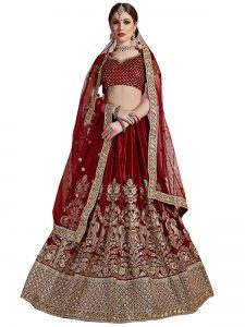 Maroon Embroidered Semi Vlvet Festive Semi Stitched Lehenga