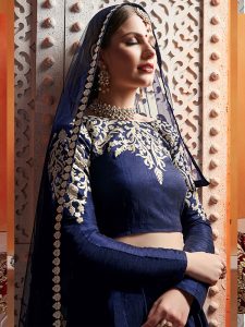 Navy Blue Zari Work Art Silk Festive Semi Stitched Lehenga