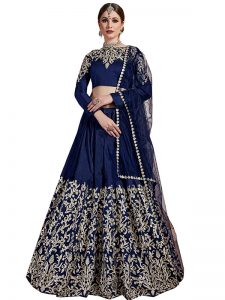 Navy Blue Zari Work Art Silk Festive Semi Stitched Lehenga