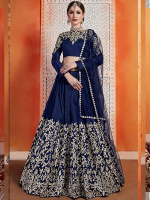 Navy Blue Zari Work Art Silk Festive Semi Stitched Lehenga