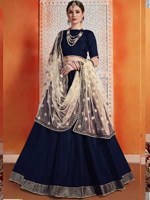 Navy Blue Zari Work Art Silk Festive Semi Stitched Lehenga