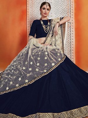 Navy Blue Zari Work Art Silk Festive Semi Stitched Lehenga