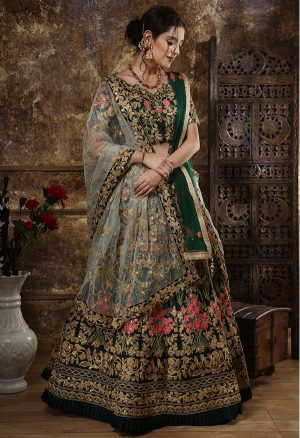 Green Embroidered Taffeta Satin Wedding Semi Stitched Lehenga